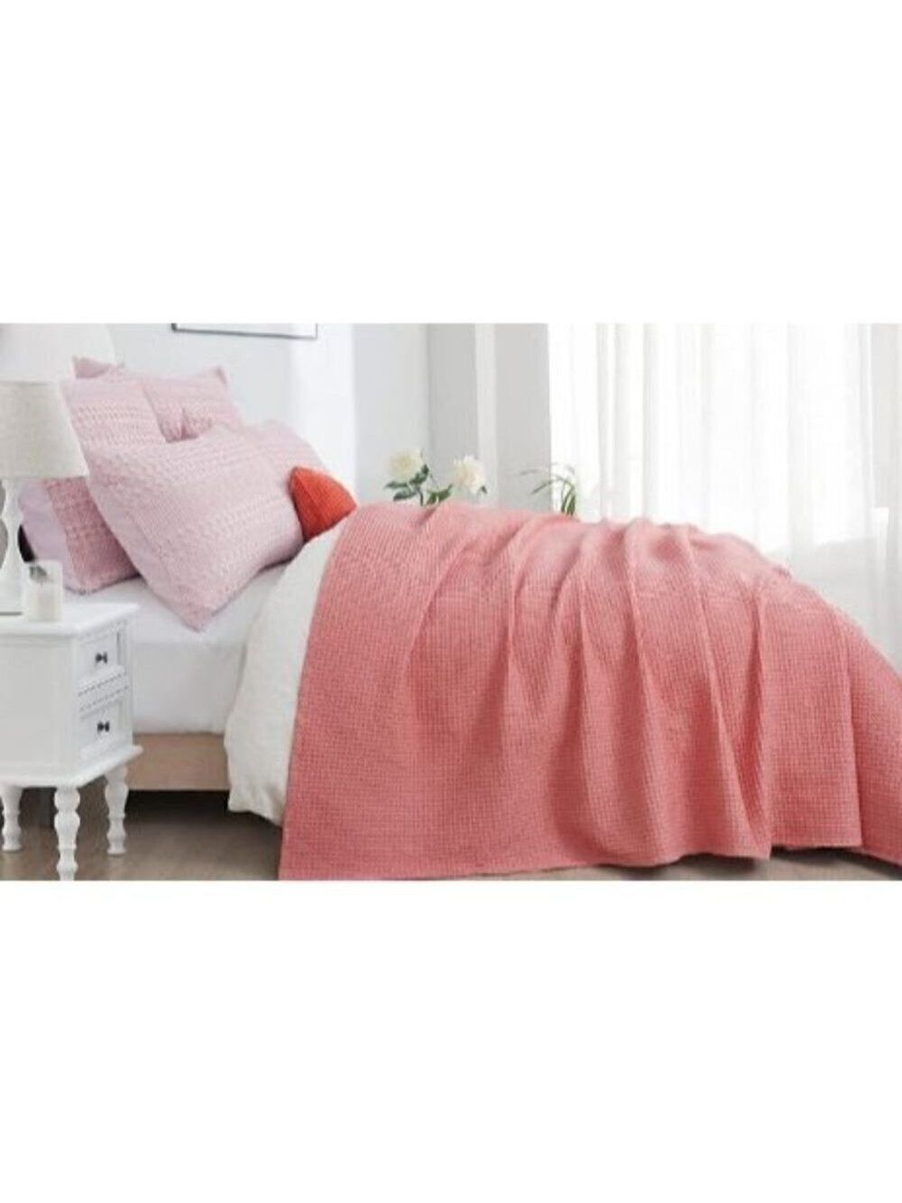 COTTON Waffle Weave Blanket King Size Pink Soft Lightweight Bed Blanket NWT - Picture 3 of 8